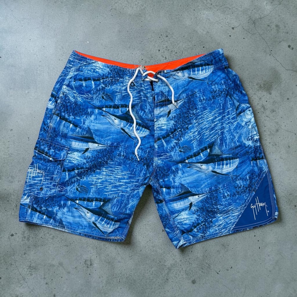 Guy Harvey Fish Camo Board Shorts Mens 38 Blue Marlin Sailfish Swim Trunks